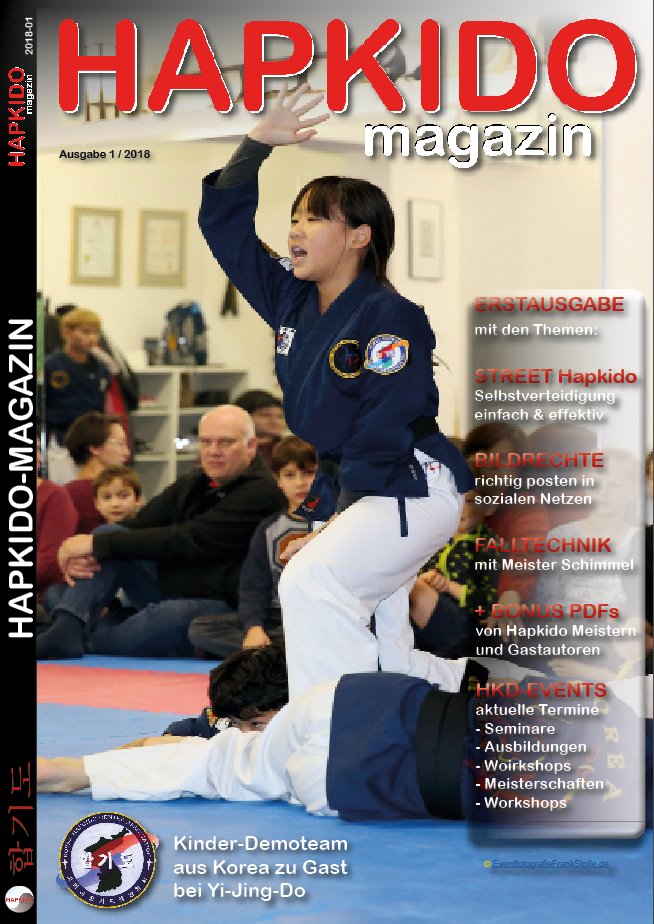HAPKIDO magazin Titelcover 2018-01 - Im Titelbild wird das koreanische Kinderdemoteam zu Besuch in der YI-JING-DO Kampfkunstakademie von Uwe Wischhöfer gezeigt
